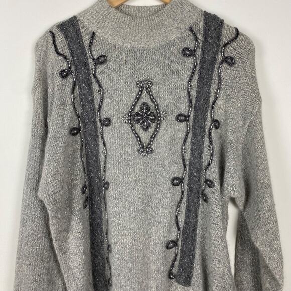 VTG Santoria Womens Beaded Sweater Size M Silk Blend Gray Ugly Christmas Glam - Picture 3 of 12
